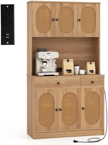 Giantex Kitchen Hutch, 71" Tall Boho Pantry Cabinet w/Charging Station, Microwave Countertop, 6 PE Rattan Door, 2 Drawer, 4 Adjustable Shelf, Freestanding Buffet Sideboard for Dining Room (Natural)