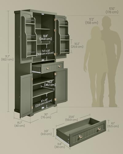 VASAGLE Pantry Cabinet, Freestanding Tall Cupboard with a Drawer