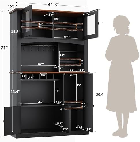 Einhomn 71" Tall Kitchen Pantry Cabinet with Charge Station, 3 Adjustable Shelves, Wine Rack and Glass Door, Kitchen Hutch for Dining Room, Kitchen and Living Room, Black