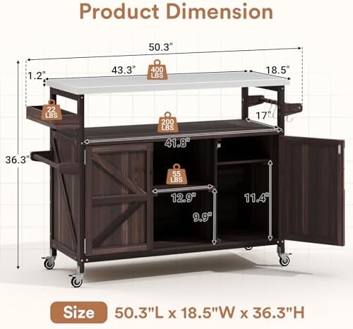 Zevemomo Outdoor Grill Cart with Storage, Lockable Casters, Brown