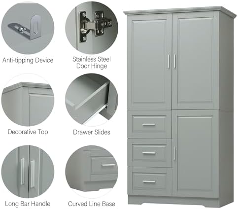Merax 62.2" Pantry Cabinet with Three Doors & Three Drawers, Adjustable Shelves Storage Cupboard for Kitchen/Dining Room/Bathroom, Gray