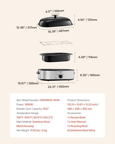 VEVOR Roaster Oven, 18QT Electric Roaster Oven, 150-450℉ Adjustable Temperature Electric Roasting Pan with Self-Basting Lid, Cool-Touch Handle, Defrost & Warm Function, Stainless Steel Turkey Ovens