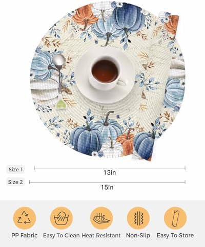 Fall Round Placemats Set of 8 Pumpkin Blue Orange Thanksgiving Place Mats Washable Woven Placemat White Pumpkin Leaves Circle Braided Table Mat for Kitchen Dining Table Holiday Party Decor 15 Inch