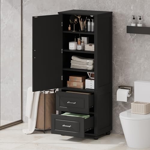 Merax 61.4" Pantry Cabinet with One Door & Two Drawers, Adjustable Shelves Storage Cupboard for Kitchen/Dining Room/Bathroom, Soild Wood Legs, Black