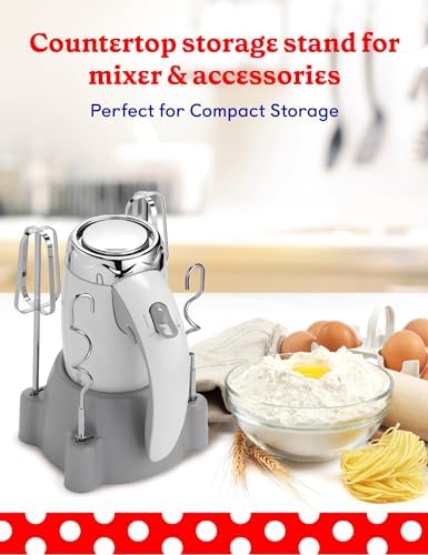 BETTY CROCKER Hand Blender 7 Speed, 250 Watt Electric Mixer with Beaters and Dough Hooks, Ergonomic Electric Hand Mixer for Home & Kitchen with Stand and Soft Touch Handle, White