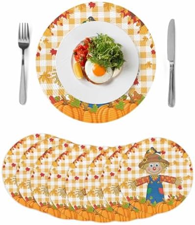 Fall Round Placemats Set of 8 Thanksgiving Scarecrows Crow Pumpkin Place Mats Woven Placemat Maple Leaf Orange Buffalo Plaid Circle Braided Table Mat for Kitchen Holiday Party Fall Decor 15 Inch