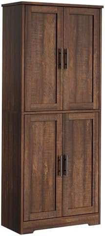 70" Freestanding Tall Pantry Cabinet,Modern Kitchen Hutch with Adjustable Shelves & Anti-toppling devices,Farmhouse Kitchen Storage with Elgant Handers ,Ideal for Dining Room,Living Room.Brown.
