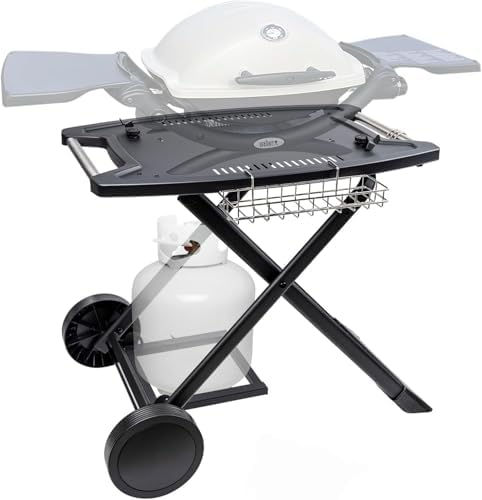 Portable Grill Cart for Weber Q Gas Grills, Folding Grill Stand for Weber Q1000, Q1200, Q2000, Gas Grill Cart for Ninja Woodfire Grill OG700 Series, black, DQ#29018BX-CAR-2C-A