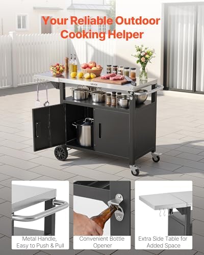VEVOR Outdoor Grill Cart with Storage Cabinet, 48.9 Inch Grill Table, Waterproof Kitchen Island with Stainless Steel Top, Shelf, and Wheels, Movable Food Prep Station for Patio Bar Backyard BBQ