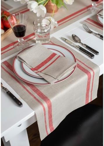 Solino Home 100% Linen Placemats, 14 x 19 in, Red, French Stripe, Set of 4