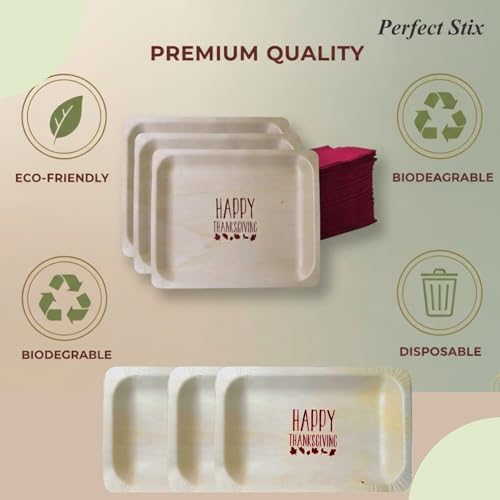 Perfect Stix Thanksgiving Plates and Napkins Set, 25 Large 10-Inch and 25 Small 7-Inch Wooden Plates with 50 Burgundy 2-Ply Dinner Napkins