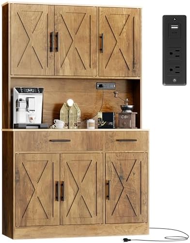 Shintenchi Pantry Cabinet with Charging Station, 70” Tall Kitchen Storage Cabinet with Microwave Stand, Storage Drawers & Adjustable Shelves, Large Capacity Kitchen Hutch for Dining Room, Brown