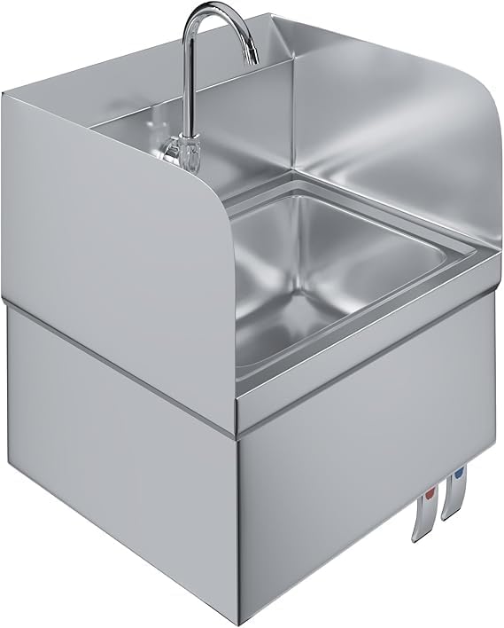 Stainless Steel Hands-Free Wall-Mounted Hand Sink – 17" x 15" with Knee Pedals, Faucet & Side Splash Guards – NSF Certified