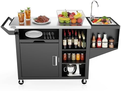 NUUK Outdoor Grill Cart on Wheel, Pizza Oven Table with Sink & Storage, 20"x42" Stainless Steel Prep Table Kitchen Island Cabinet for Backyard BBQ