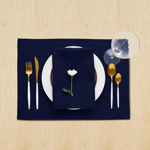Solino Home 100% Pure Linen Woven Placemats Navy, Fete 14 x 19 in, Set of 4