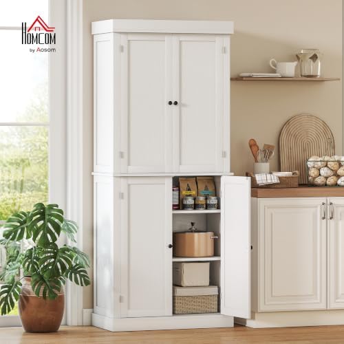 HOMCOM 72.5" Tall Kitchen Pantry Cabinet 4 Doors Modern White Wood Grain