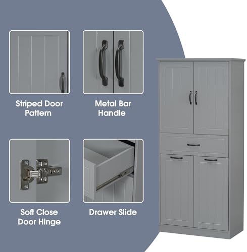 Merax 65.8" Pantry Cabinet with Two Doors & One Drawer & Two Laundry Hampers, Adjustable Shelves Storage Cupboard for Kitchen/Dining Room/Bathroom, Gray