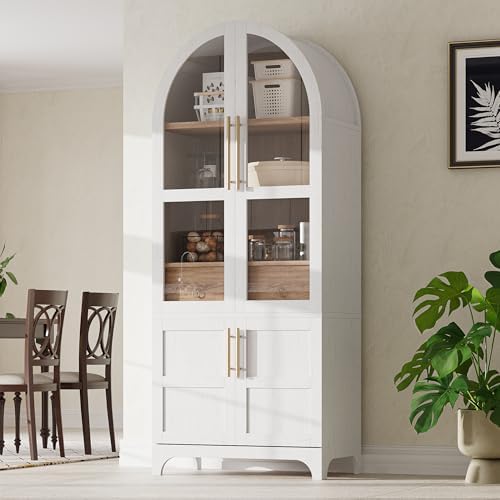 Ball & Cast Arched Kitchen Pantry Cabinet with Door Shelves,Farmhouse Cookroom Storage Cabinets W/Open & Adjustable Shelves,Glass Door & Hidden Drawer,Cupboard for Kitchen,Dining Room,White,71" Tall