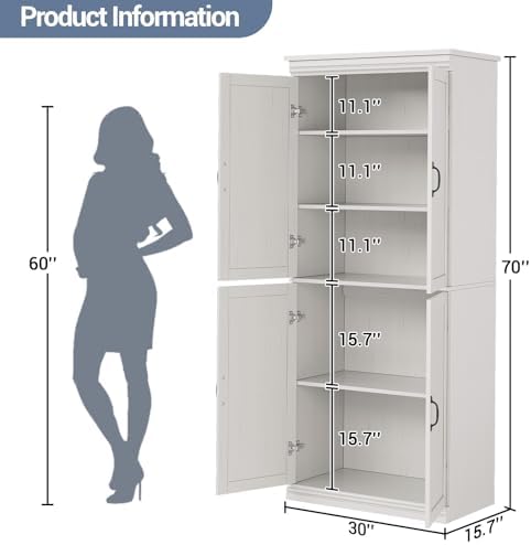 70 Inch Tall Pantry Cabinet, Wood Kitchen Storage Cabinet with 4 Doors & Adjustable Shelves, Modern White Pantry Organizer Cupboard for Dining Room, Living Room