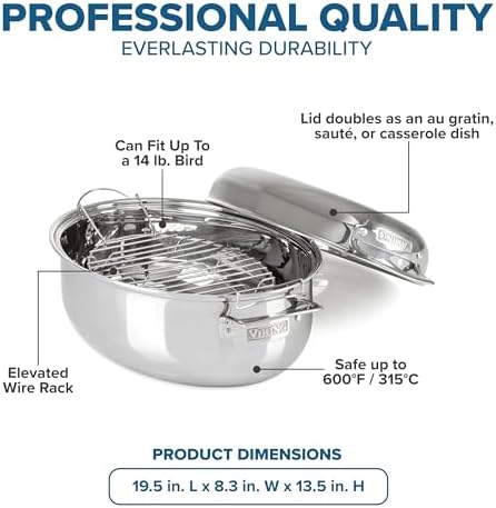 Viking 3-Ply Oval Roasting Pan, 8.5 Quart, Stainless Steel Kitchen Cookware with Metal Induction Lid and Rack, Great for Turkey, Dishwasher and Oven Safe, Silver