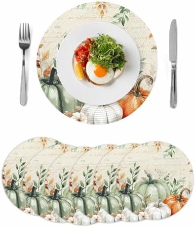 Fall Round Placemats Set of 6 Thanksgiving Sage Green Pumpkin Place Mats Washable Woven Placemat Floral Autumn Eucalyptus Leaves Circle Braided Table Mat for Kitchen Holiday Party Fall Decor 15 Inch