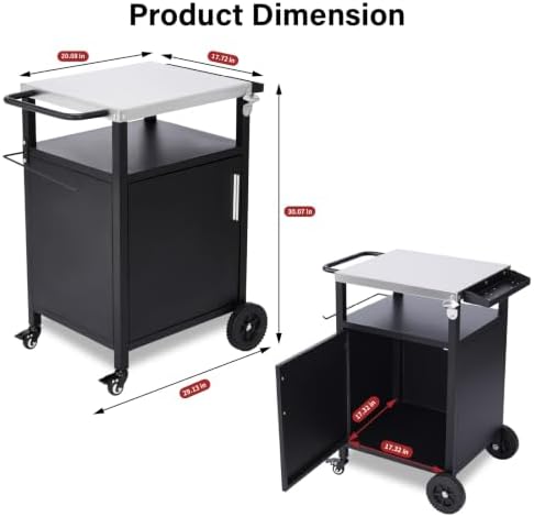 Outdoor Grill Table Cart with Storage Cabinet, Stainless Steel Outdoor Kitchen Island on Wheels, Mobile BBQ Prep Station with Bottle Opener, Seasoning Tray, Black