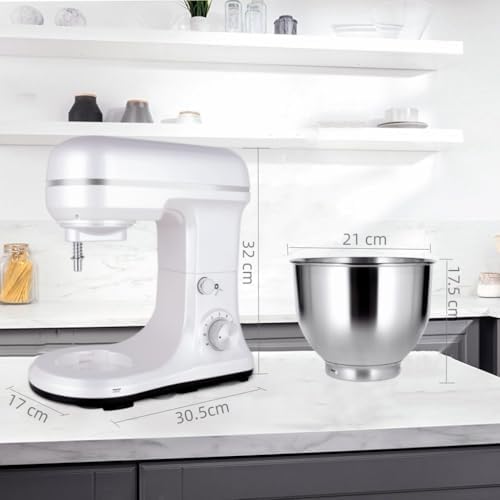 Stand Mixer 5-QT, 6+P Speed Tilt-Head Food Mixer 300W Dough Mixer with Stainless Steel Bowl,Dough Hook,Flat Beater&Whisk Electric Kitchen Mixer for Household Baking, Anti-Slip(Pearl White)