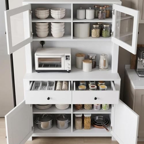 Jojoka 63" Tall Kitchen Pantry Hutch Cabinet with Drawers, Freestanding Storage Cabinet with Microwave Stand, Adjustable Shelves & Tempered Glass Doors for Dining Room Living Room,White
