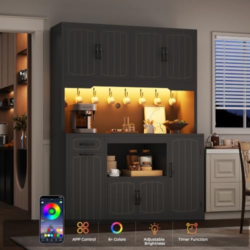 Fluted Kitchen Pantry Cabinet with Charging Station & LED Light, 47" Wide Kitchen Pantry Storage Cabinet with Countertop, Microwave & Appliance Storage, Food Pantry Cabinet for Dining Room ,Black