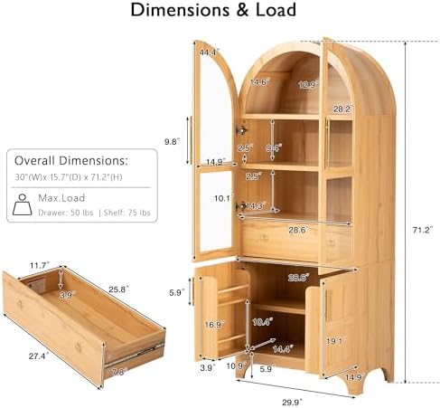 Merax 71" Farmhouse Arched Pantry Cabinet with Glass Doors & Hidden Drawer, Adjustable Shelves Storage Cupboard for Kitchen/Dining Room, Natural