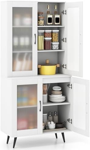 GIANTEX Kitchen Pantry Storage Cabinet, 70.5" Cupboard with 4 Transparent Doors, Adjustable Shelf & Metal Legs, Freestanding Tall Hutch Cabinet for Dining Room, Living Room, Office & Bathroom, White