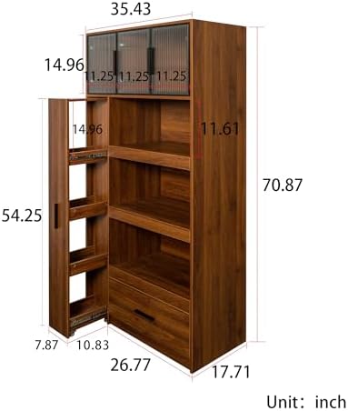 Jmyab 70.87" Tall Kitchen Pantry Cabinet, Storage Cabinet with Multi Shelves and Drawers, Tall Kitchen Pantry with Microwave Stand for Living Dining Room, Walnut
