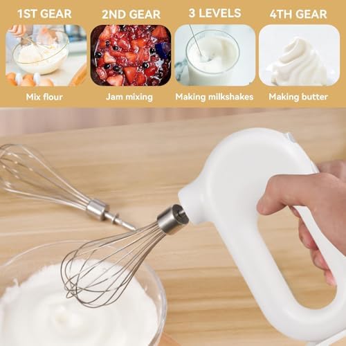 4 Speed Electric Hand Mixer, Mini 4 Speed Adjustable Cordless USB Rechargeable Electric Whisk Hand Mixer Portable Handheld Mixer 1500mAh Egg Beater (White)