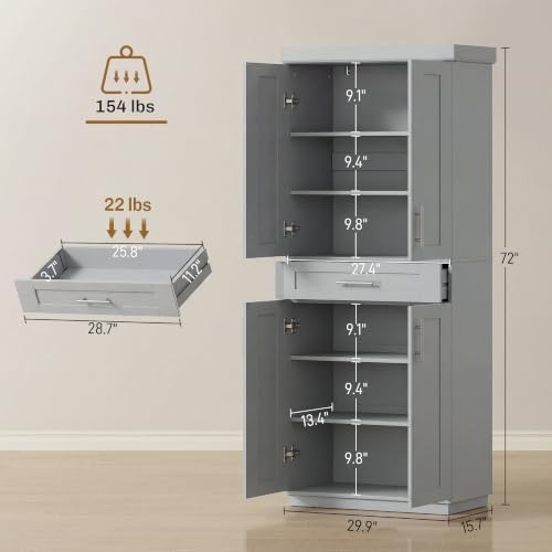 HOMCOM 72" Kitchen Pantry Storage Cabinet, Freestanding Cupboard, Gray