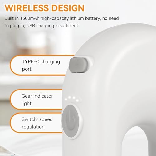Cordless Hand Mixer, Electric Hand Whisk Portable Egg Beater Handheld Egg Beater Electric Handheld 4 Speed Adjustable Mini Hand Mixer Electric Mixer, USB Charing, 1500mah(White)