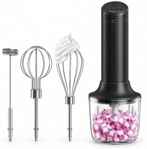 Cordless Hand Mixer, 4-in-1 Handheld Electric Mixer with Electric Whisk Frother & 10 oz Mini Food Chopper, USB-C Rechargeable 4-Speed Hand Mixer for Eggs, Cream, Coffee & Small-Batch Prep