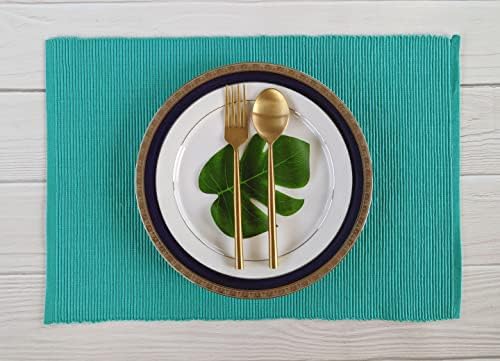 100% Cotton Ribbed Placemats - Set of 8-13 x 19 Inches - Turquoise Blue - Everyday Cloth Table Mats - Thick Construction, Washable Reusable Cloth Place Mats - by AVKA Studio