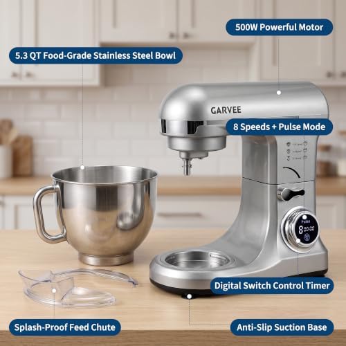 Garvee 5.3 QT Tilt-Head Stand Mixer, 500W Motor, 8-Speed Electric Kitchen Mixer with Stainless Steel Bowl, Dough Hook, Flat Beater & Wire Whisk for Bread Dough, Cake, Cookies & Pizza, Silver
