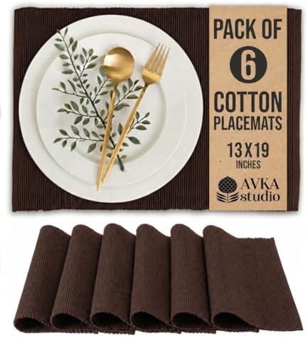 100% Cotton Ribbed Placemats - Set of 6-13 x 19 Inches - Brown - Everyday/Thanksgiving/Fall Cloth Table Mats - Thick Construction, Washable & Reusable Cloth Place Mats - by AVKA Studio