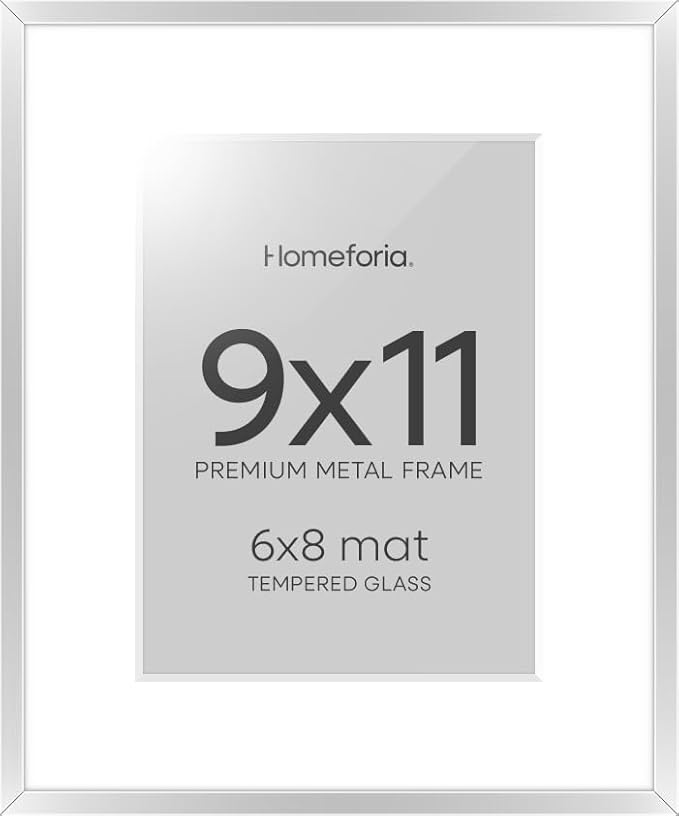 Homeforia 9x11 Picture Frame Silver, High End Metal 9 x 11 Frames with Mat 6 by 8 inch Photo, 9by11 Poster Frame Matted to 6x8 in Print, 11x9 Wall or Tabletop Frame, Tempered Glass, Wall Kit, Set of 1