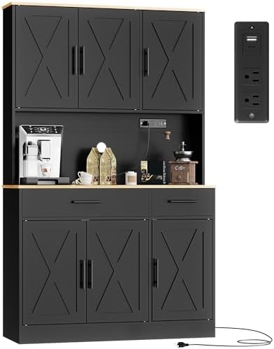 Shintenchi Pantry Cabinet with Charging Station, 70” Tall Kitchen Storage Cabinet with Microwave Stand, Storage Drawers & Adjustable Shelves, Large Capacity Kitchen Hutch for Dining Room, Black