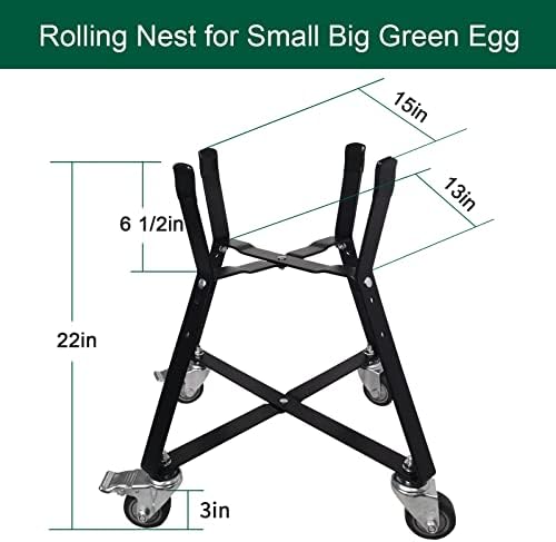 Small Big Green Egg Nest, Grill Stand for Big Green Egg Accessories, Rolling Nest with Heavy Duty Locking Caster Wheels Powder Coated Steel for BGE Smoker Kamado Joe Accessories