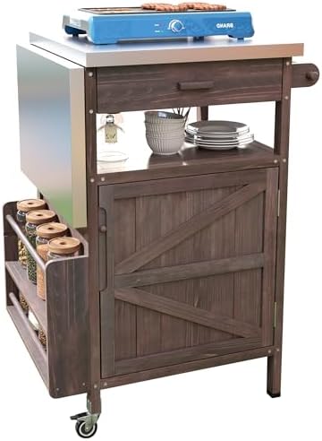 Merax Grill Cart with Storage, Patio Kitchen Island Outdoor Grill Table with Lockable Wheels Drop Leaf, BBQ Cart Movable Pizza Oven Table Stand, Brown