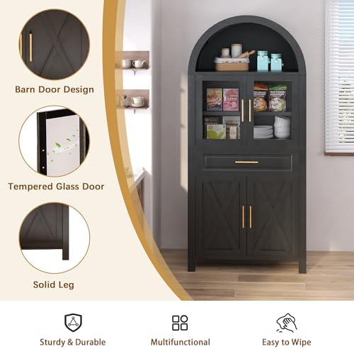 KEIKI 71" Tall Arched Kitchen Pantry Cabinet with Glass Door,Drawer,Farmhouse Storage with Adjustable Shelves for Kitchen,Living & Dining Room