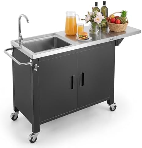 VEVOR Outdoor Grill Cart with Sink and Storage Cabinet, 52 Inch Grill Table, Waterproof Kitchen Island with Stainless Steel Top, Spice Rack, Wheel, Movable Food Prep Station for Patio Bar Backyard BBQ