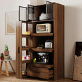 KEIKI 70.87" Tall Kitchen Pantry Storage Cabinet with Multi-Functional Pull-Out Shelf, Drawers, Glass Doors & Microwave Stand, Wood Hutch Food Pantries Cupboard for Coffee Bar, Dining Room