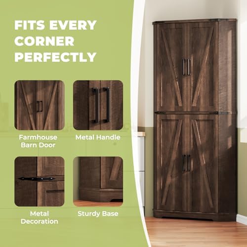 Dripex Tall Kitchen Pantry Cabinet with LED Light, 71" Corner Pantry Brown