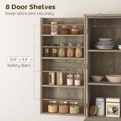 HOMCOM 72" Farmhouse Kitchen Pantry Cabinet, Tall, 4 Barn Doors, Gray Wash
