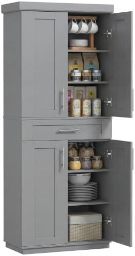 HOMCOM 72" Kitchen Pantry Storage Cabinet, Freestanding Cupboard, Gray