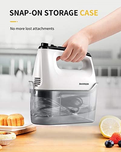 SHARDOR Hand Mixer Electric, 6 Speed & Turbo Mixer Electric Handheld, Snap-On Storage Case,5 Stainless Steel Accessories for Whipping, Mixing Cookies, Brownie, Cakes, Dough Batters, White